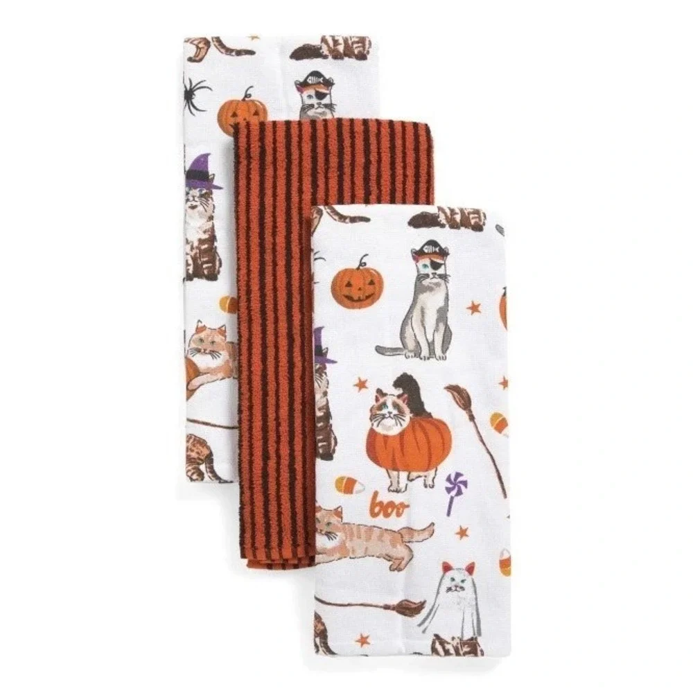 Bouffants And Broken Hearts 3pc Cats Pumpkins Kitchen Towels NWT